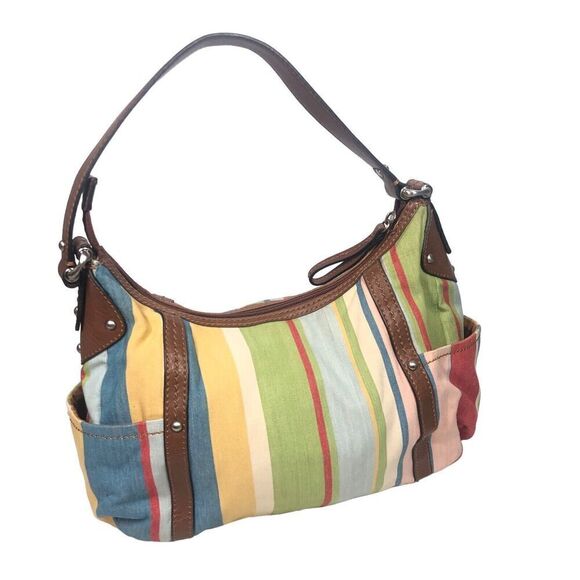Fossil Purse Womens M Multi Striped Fabric & Leather Shoulder Bag Boho Festival - Picture 5 of 11